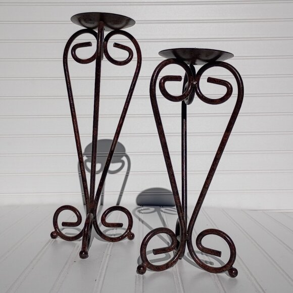 Pair of Wrought Iron Candle Holders Bronze Scroll French Country Candlesticks - Picture 4 of 16